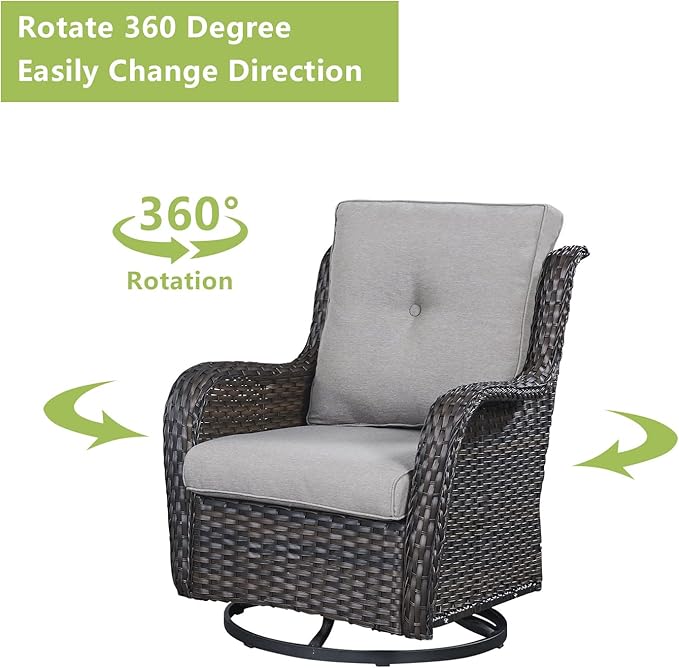 Outdoor Wicker Patio Furniture Set - 6 Piece Rattan Patio Conversation Set with 2 Rocking Swivel Chairs,2 Ottomans,1 Loveseat and 1 Side Table for Porch Deck Backyard Garden(Brown/Grey)