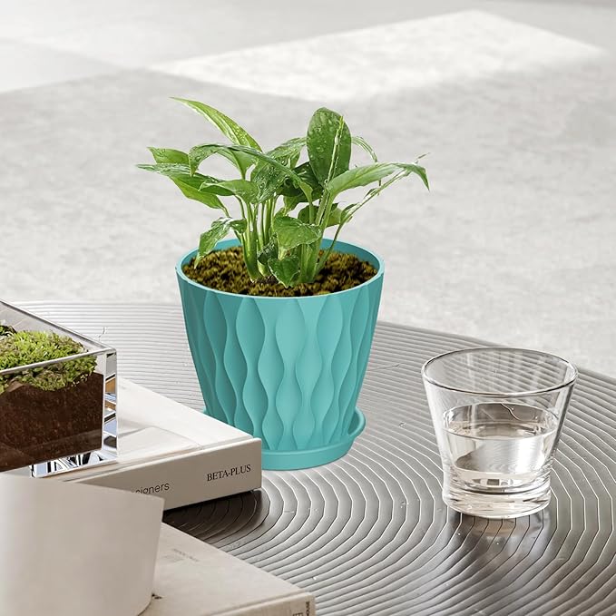 6 Pack 4 Inch Small Plant Pots with Saucers, 3D Textured Plastic Planters with Drainage Holes for Indoor and Outdoor Plants, Flowers, Herbs, Succulents, and Seedlings, Blue