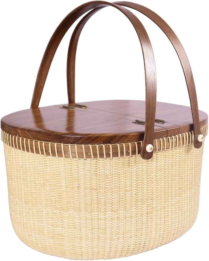Nantucket Basket Crafts Cane-on-Cane Weave Picnic Basket Shopping Basket Basket Storage Basket Two Swing Handles (Black Walnut Activity Double Open)