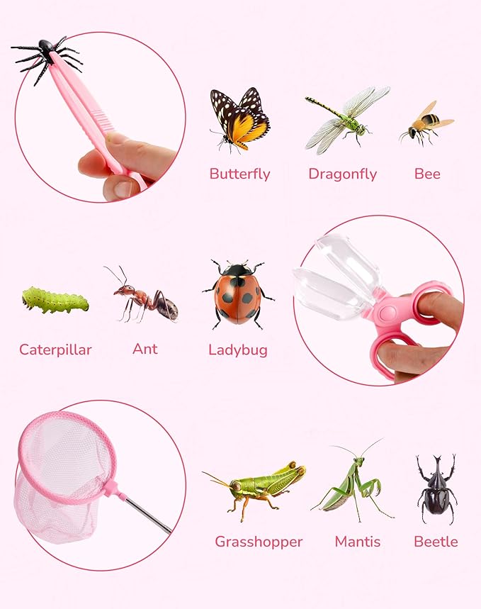 ROBUD Kids Explorer Kit, Bug Catcher Kit with Bag Kit, Pink Outdoor Exploration Set for Camping, Montessroi Toy for Kids Coming Closer to Nature,WRP28