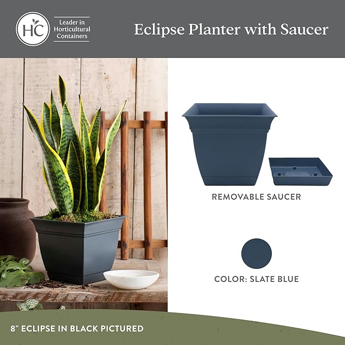 The HC Companies 12 Inch Eclipse Square Planter with Saucer - Indoor Outdoor Plant Pot for Flowers, Vegetables, and Herbs, Slate Blue