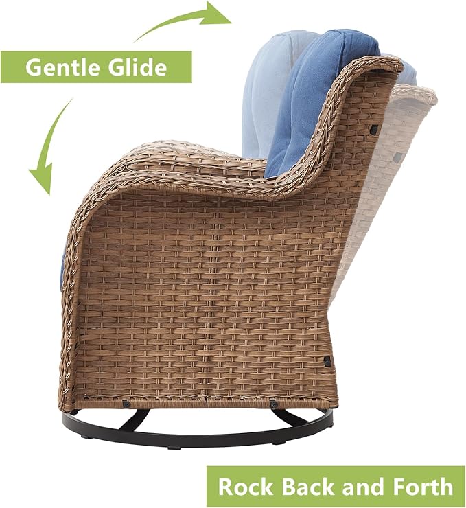 Outdoor Wicker Patio Furniture Set - 5 Pieces Rattan Patio Conversation Set with 2 Rocking Swivel Chairs,2 Ottomans and 1 Side Table for Porch Deck Backyard Garden(Yellow/Blue)