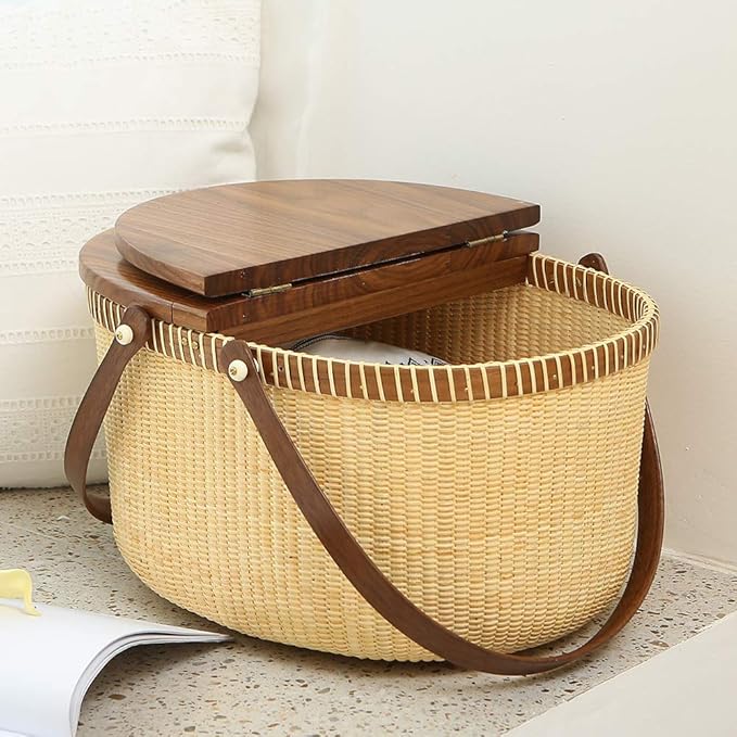 Nantucket Basket Crafts Cane-on-Cane Weave Picnic Basket Shopping Basket Basket Storage Basket Two Swing Handles (Black Walnut Activity Double Open)
