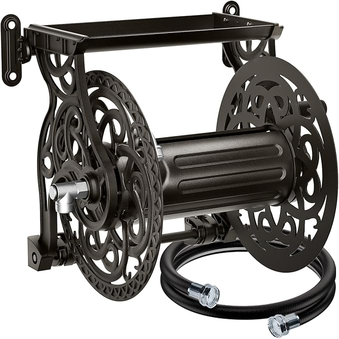 Metal Decorative Garden Hose Reel, Heavy Duty Hose Holder for Outside, Aluminum Frame, No-Leak Aluminum Water System, Easy Assmbly, Wall Mount, Holds 135 ft x 5/8" Hose Storage, Dark Bronze