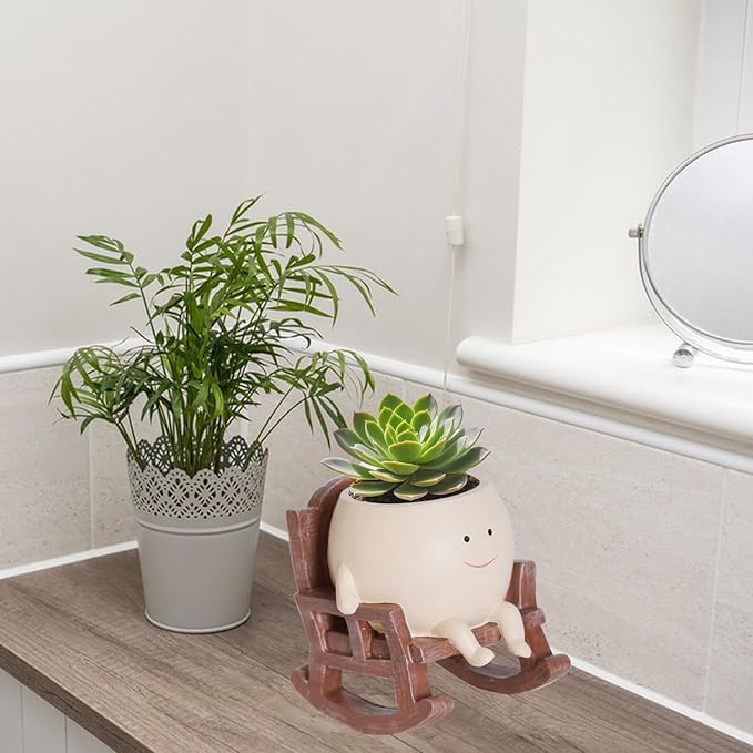 Rocking Chair Face Resin Planter Pot with Drainage Cute Flower Pots for Succulents Plants Live Indoor Outdoor Planters for Houseplants Gift Small (Small)