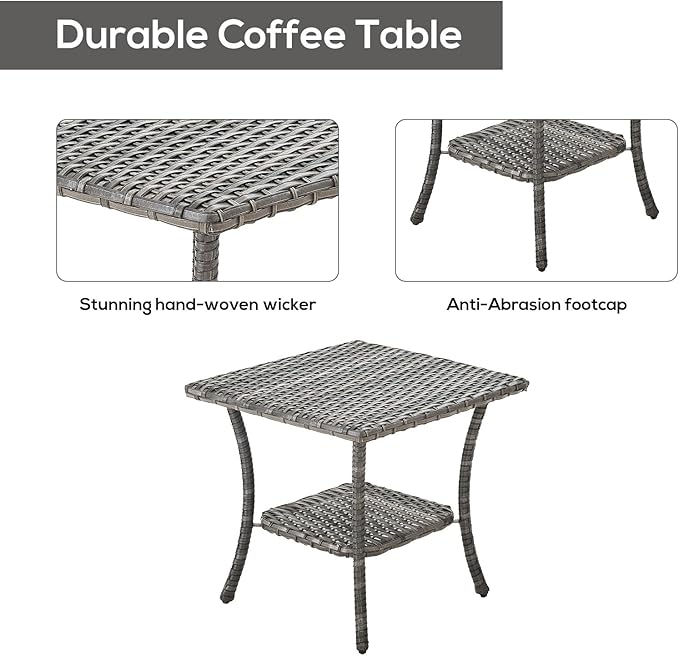 Patio Tables Outdoor Coffee Table - Wicker Rattan Side Tables with 2-Tier Storage Shelf End Table for Porch Deck Balcony Garden Outside Square Mixed Grey