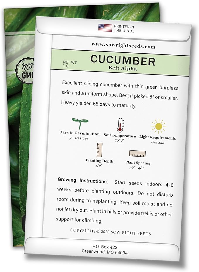 Sow Right Seeds - Beit Alpha Cucumber Seeds for Planting - Non-GMO Heirloom Packet with Instructions to Plant and Grow a Home Vegetable Garden - Start Indoors, Plant Outdoors with Trellis (3)