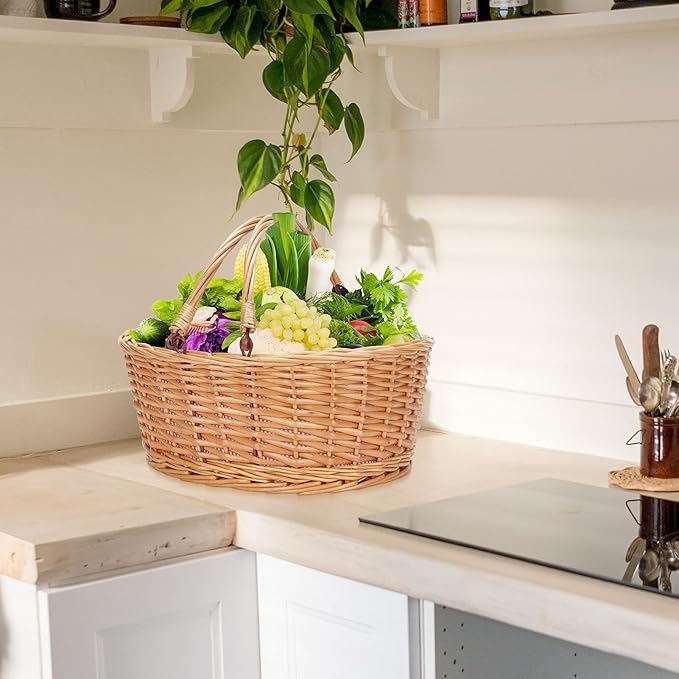 Wicker Picnic Basket with Double Folding Handles, Natural Large Willow Hamper Empty Basket Cheap Easter Eggs Candy Storage Wine Basket for Toy, Flower, Wedding(Red 16inch)