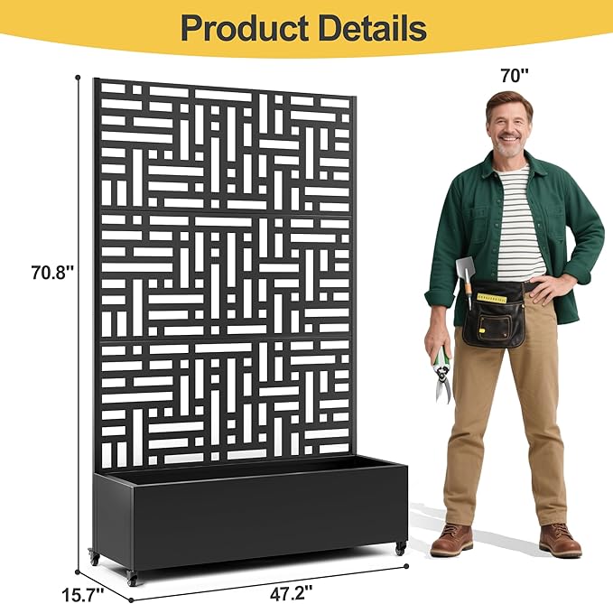 Raised Garden Bed with Trellis and Wheels,73"x47"x16" Metal Raised Garden Bed,Black Modern Metal Planter with Climbing Trellis for Vines & Vegetables