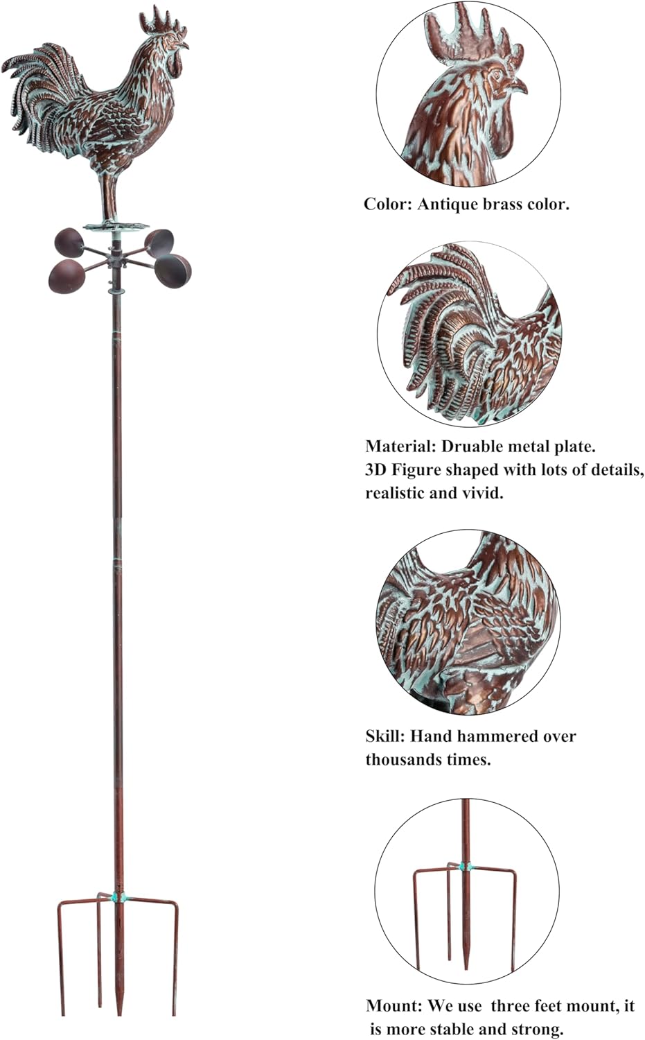 Metal Wind Spinner Rooster Décor Garden Statue 79" Antique Copper Chicken Yard Art Sculpture Outdoor Kinetic Garden Stake for Patio,Lawn,Country Cottage,Farm