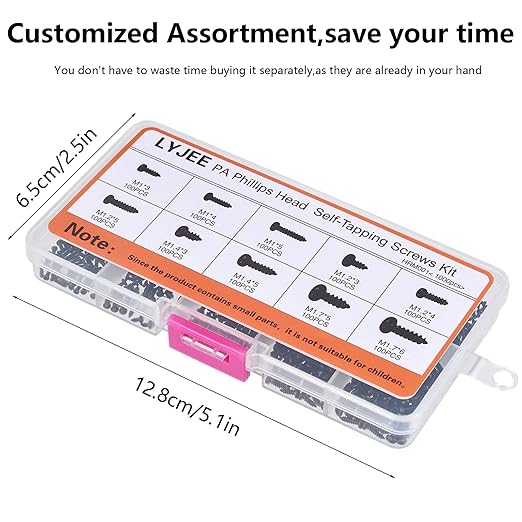 LYJEE Small Screws Assortment Kit, 1000pcs Miniature Phillips Replacement Screws for Glasses Watch Clock, 10 Kinds M1 M1.2 M1.4 M1.7 Phillips Head Self-Tapping Screws