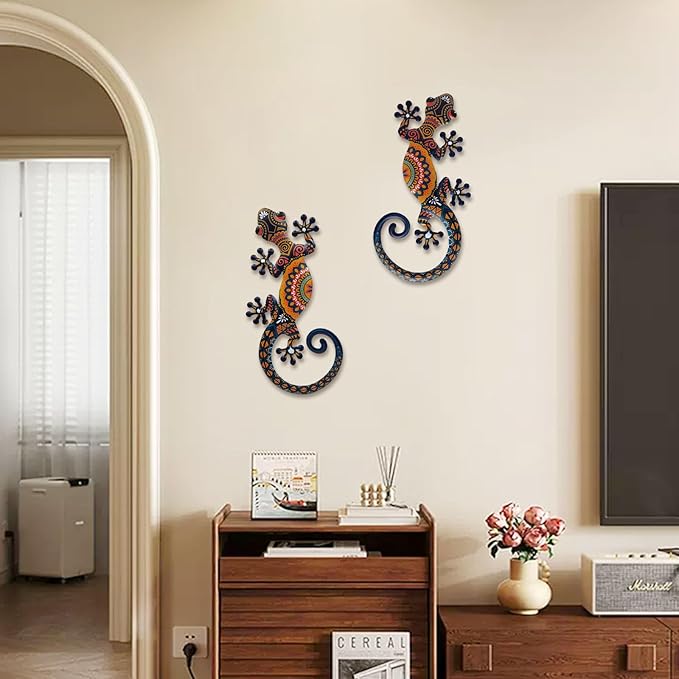 LIFFY Metal Lizard Gecko Wall Art - 2 Pack 15 Inch Metal Wall Decor, Lizard Outdoor Hanging Glass Sculpture Decoration for Yard Garden Art, Patio Fence Home, Unique Gift Ideas