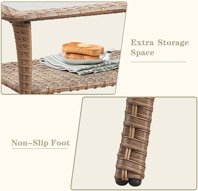 Wicker Outdoor Furniture Patio Furniture Set - 6 Piece Patio Conversation Set with Swivel Rocker Chairs, Loveseat Sofa, Ottomans and Coffee Table, Beige Cushion