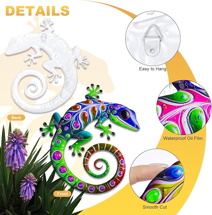 ULENDIS 4 Pack Metal Gecko Wall Decor, 7.8 Inch Lizard Outdoor Wall Art Fence Decorations for Patio and Yard, Colorful Hanging Decoration for Garden Living Room Bedroom Patio Balcony