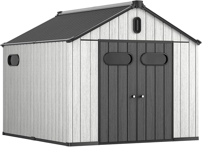 Aoxun 10X8FT Outdoor Shed with Floor, Resin Storage Shed with Lockable Door, Garden Utility Tool Shed Storage House for Backyard, Patio, Lawn