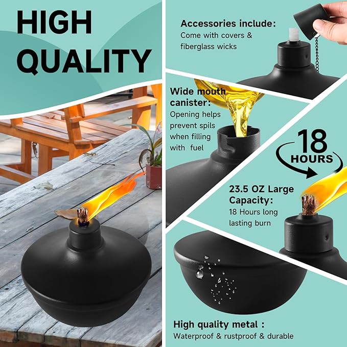 2 Pack Metal Table Top Torches,23.5 oz Citronella Torches for Outside,Refillable Flame Light Torch with Wicks and Covers, Landscape Lanterns Torches for Party, Garden Decor,DIY