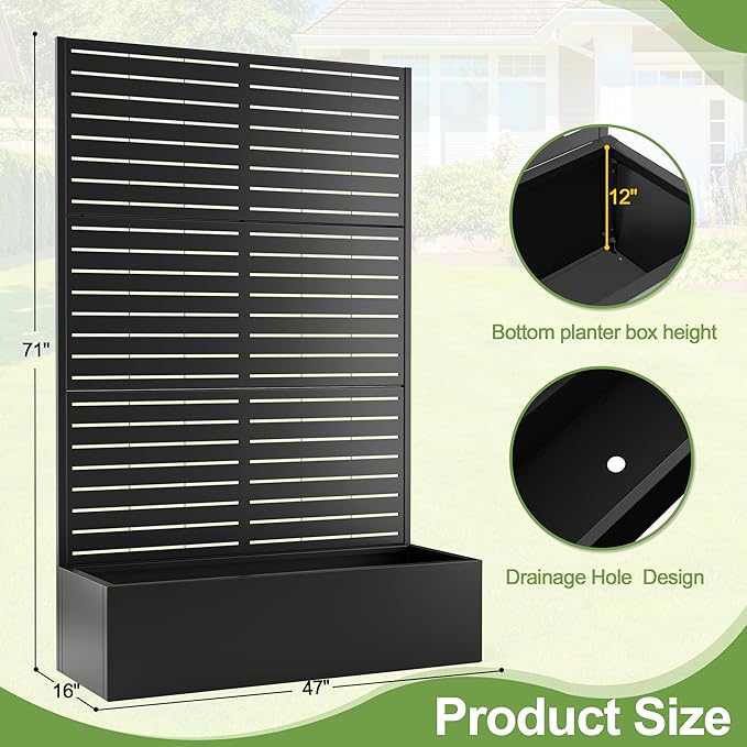 Trellis for Climbing Plants Outdoor,Mental Garden Bed with Drainage Holes Outdoor Privacy Screen Design Tall planters for herb Flower Vegetables 73"x47"x16", Black-Louvered