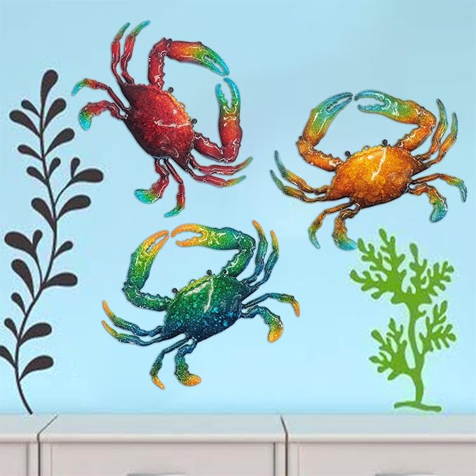 John's Studio Metal Crab Sea Wall Decor Outdoor Garden Hanging Art Sculptures Home Ocean Theme Decorations for Kitchen Bathroom and Pool - 3 PCS