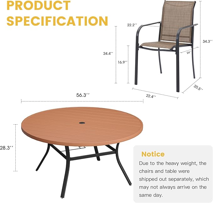 VICLLAX Patio Dining Set for 8, 9 Pieces Outdoor Furniture Set Includes 56.3" Round Patio Table and 8 Patio Stackable Chairs, Outdoor Table and Chairs for Outsides, Walnut Tabletop and Brown Fabric