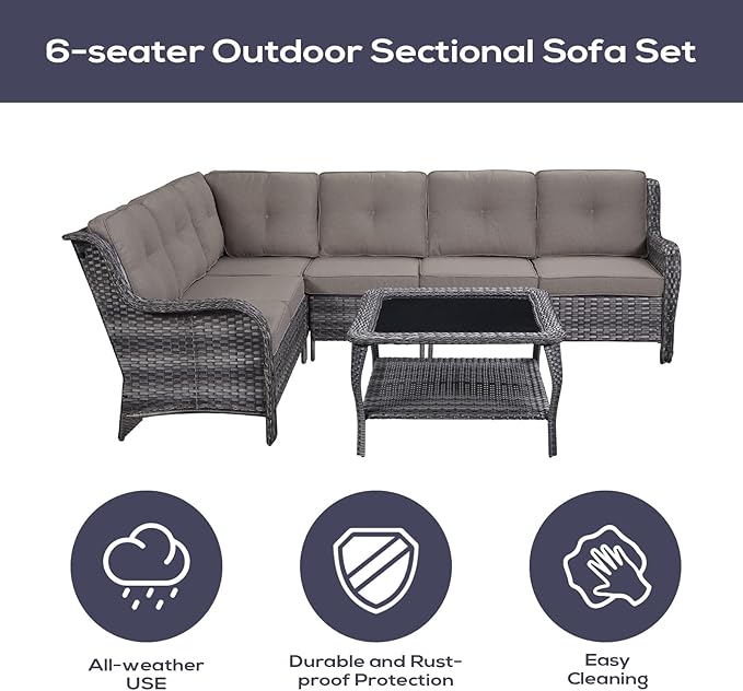 Outdoor Furniture Sectional Sofa L Shaped Couch - Patio Wicker Furniture Set with Coffee Table, 3 Piece Rattan Patio Conversation Sets with Gray Cushion for Deck Backyard Sunroom