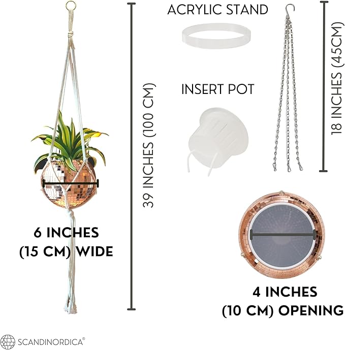 SCANDINORDICA Disco Ball Planter – Value Package: Mirror Disco Planter with Chain, Macrame Hanger and Acrylic Stand for Desk, Includes Self Watering Insert, Quirky Gifts | 6 inch Rose Gold