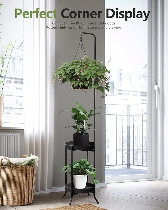 2Pcs Hanging Plant Stand Indoor Outdoor, Space-Saving Corner Metal Plant Shelf 3 Potted Flower Pot Stand, 2 Tier 61" Tall Modern Planter Holder for Patio Garden Balcony Living Room Bedroom