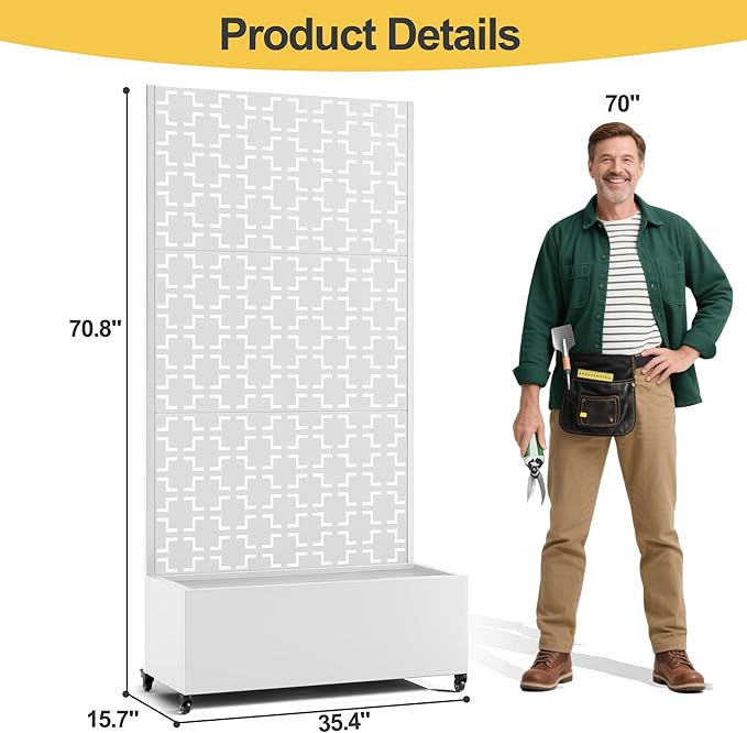 Raised Garden Bed with Trellis and Wheels,73"x35"x16" Metal Raised Garden Bed,White Squared Metal Planter with Climbing Trellis for Vines & Vegetables
