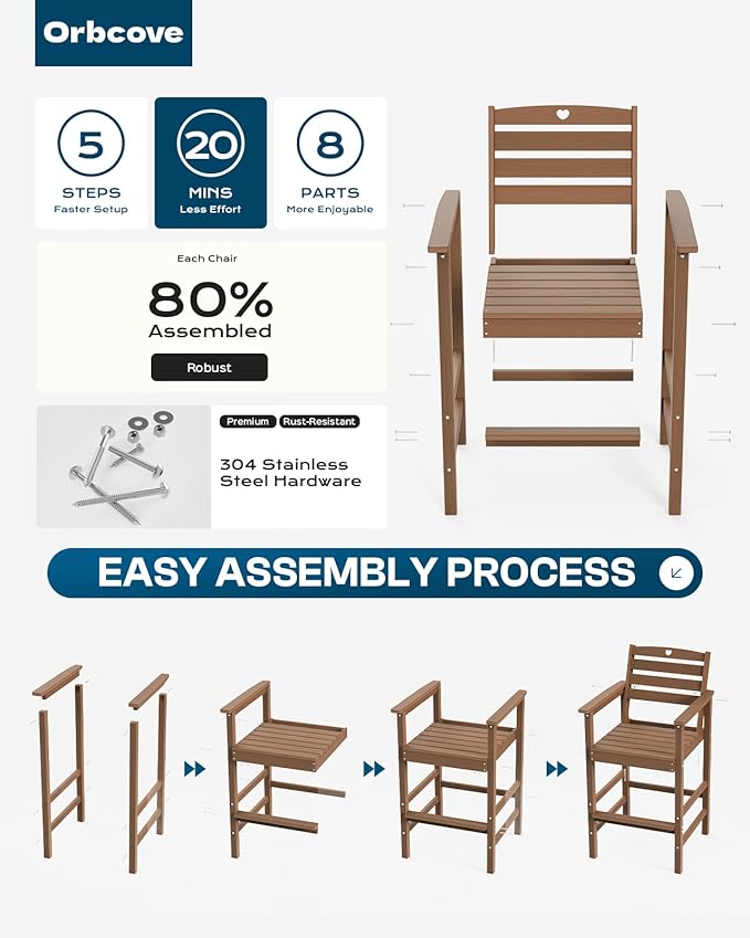 5-Piece Bar Height Outdoor Table and Chairs Set, HDPE Wood Grain Patio Bar Table and Chairs with Heart Cutout Design, Weather-Resistant Bar Height Furniture for Deck, Porch, Pool (Teak)