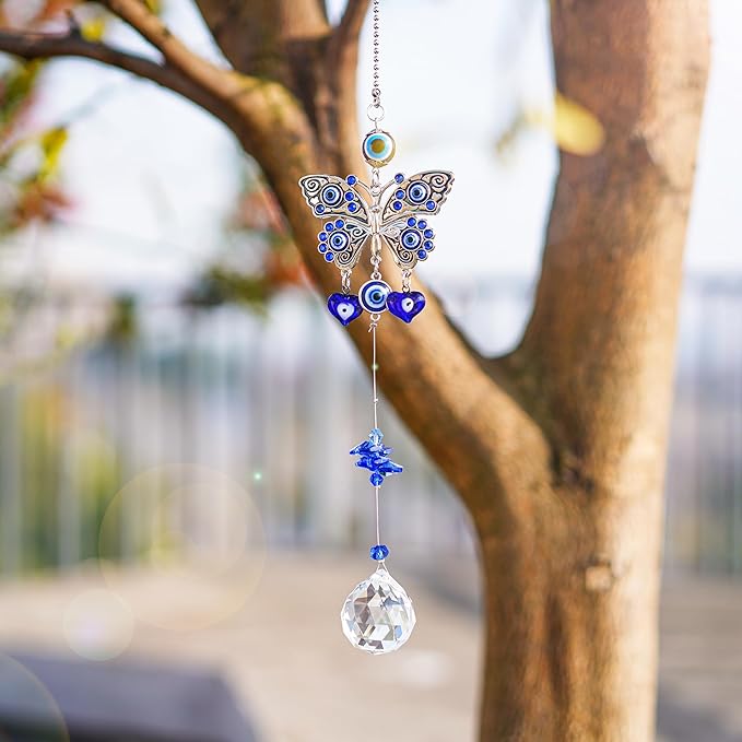 Turkish Blue Evil Eye Butterfly Wall Hanging with Crystal Suncatcher Ornament for Home Decor Protection Good Luck Blessing Housewarming Birthday Gift