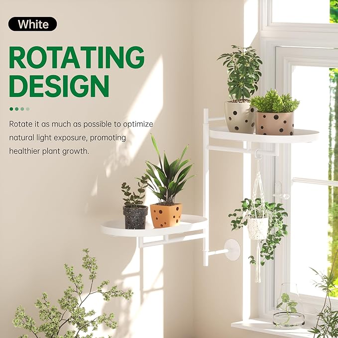 Rotating Window Plant Shelves for Multiple Plants Indoors,2-tier Metal Corner White Plant Stand Holder Floating Plant Shelf for Wall,Windows Sill Gifts for Plant Lovers to Enhance Home Decor