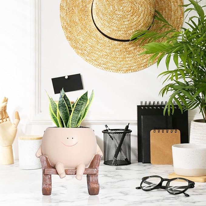 Rocking Chair Face Resin Planter Pot with Drainage Cute Flower Pots for Succulents Plants Live Indoor Outdoor Planters for Houseplants Gift Small (Large)