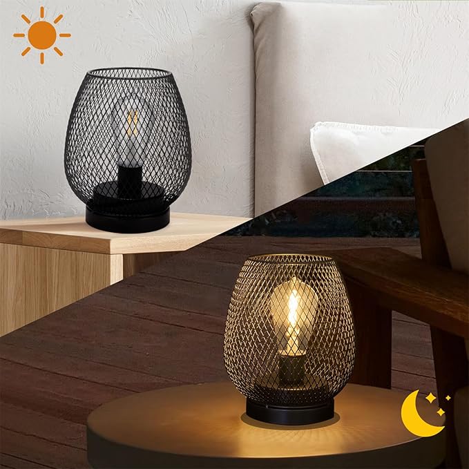 2 Pack Battery Operated Lamp Outdoor Table Lantern,Metal Cage Cordless Lamps with LED Bulb for Weddings Parties Patio Events Indoor Outdoor Patio Bedroom Living Room(Black