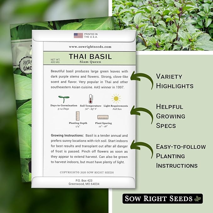 Sow Right Seeds - Sweet Large Leaf Thai Basil Seed for Planting - Non-GMO Heirloom Packet with Instructions to Plant a Kitchen Herb Garden - Indoors or Outdoor - Great for Hydroponic Growing (3)