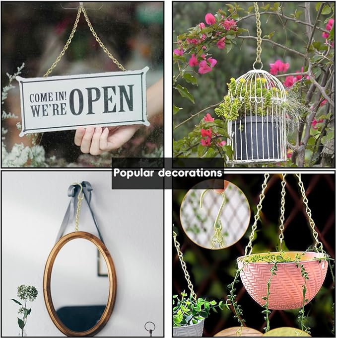 197 Inch Gold Hanging Baskets - Adjustable Length, Brass Decorative Metal Chain with A Great Assortment of Hooks for Hanging Bird Feeders Planters Baskets Billboards Ornaments, Chain Hooks DIY