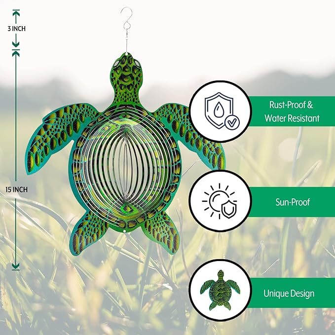 Turtle Ornament Wind Spinners for Yard and Garden, Metal Ornaments for Garden Décor, Outdoor Wind Spinner, Turtle Gifts for Turtle Lovers, Outdoor Garden Decoration, 15 inch Wall Décor by ISEO