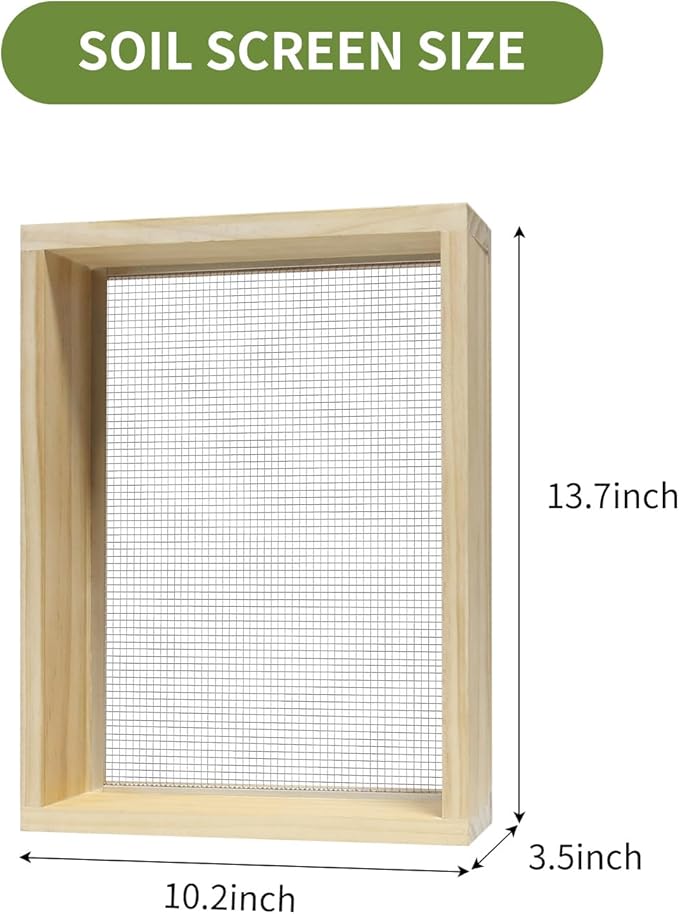 Wooden Soil Sifter for Gardening,13.7"x10.2" Rock Sifter with 2 Replaceable Mesh Screen (0.34"&0.47") Compost Sifter for Leaves, Rocks, Compost, Gravel, Soil