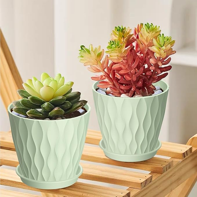 12 Pack 4 Inch Small Plant Pots with Saucers, 3D Textured Plastic Planters with Drainage Holes for Indoor and Outdoor Plants, Flowers, Herbs, Succulents, and Seedlings, Green