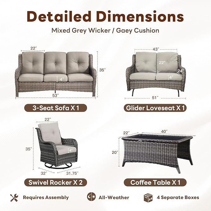 5 Piece Outdoor Patio Furniture Set - Outdoor Conversation Couch and Loveseat Glider Chair Furniture Set with Rattan Coffee Table for Deck Balcony Poolside Gray Wicker/Grey Cushions