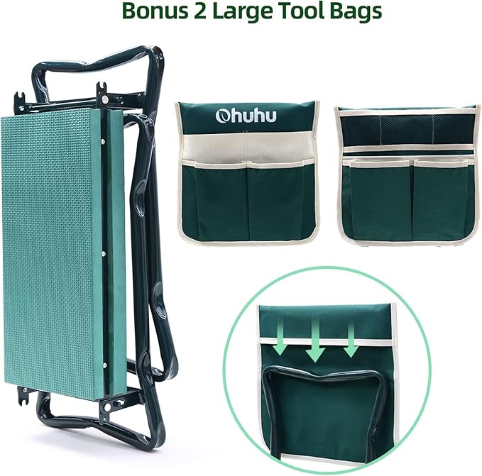 Ohuhu Garden Kneeler and Seat Heavy Duty, Upgraded Gardening Stool with Thicker and Wider EVA Foam Kneeling Pad Foldable Garden Bench with 2 Large Tools Pouches, Gifts for Women Men Seniors Gardener