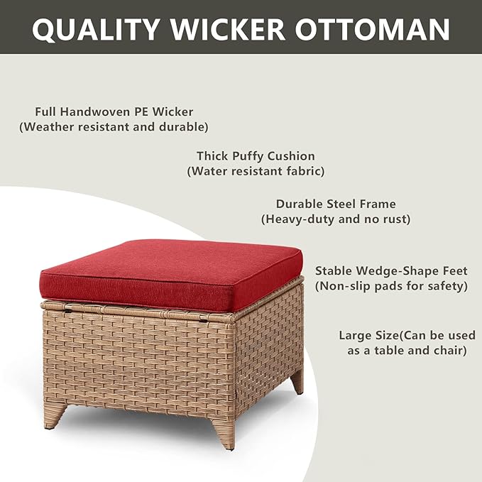 Outdoor Wicker Patio Furniture Set - 5 Pieces Rattan Patio Conversation Set with 2 Rocking Swivel Chairs,2 Ottomans and 1 Side Table for Porch Deck Backyard Garden(Yellow/Red)