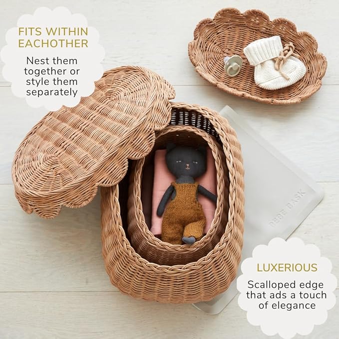 BEBE BASK The Original Scalloped Basket Set Of 2 - Small Scallop Basket - 15 x 10 x 6 In - Hand-Woven & Award-Winning - Elegant Wicker With Scalloped Edge Lid - Nursery Storage - (Mocca)