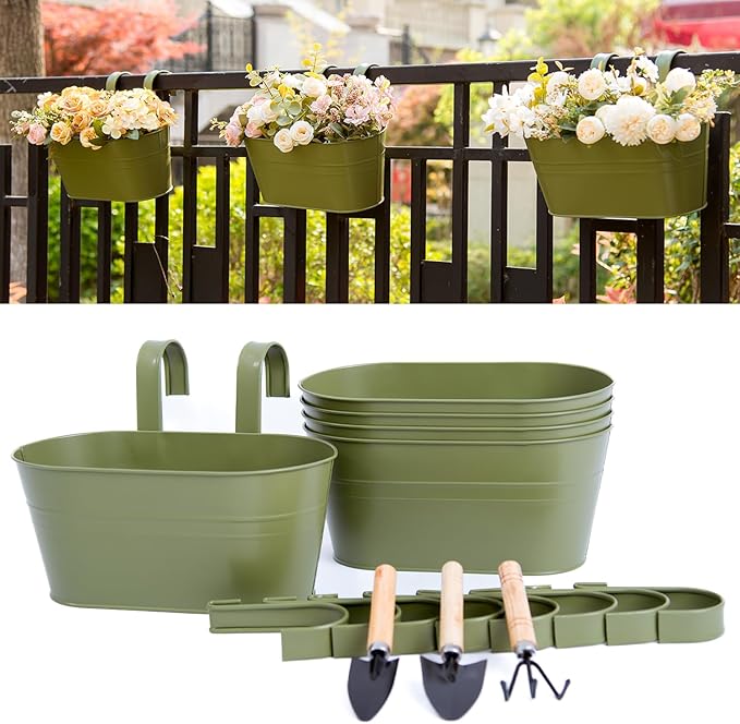 5 Pack Metal Hanging Flower Pots for Railing Fence,Outdoor Balcony Rail Planter with Garden Tools Detachable Hooks Drainage Holes for Deck Garden Home Decor Green