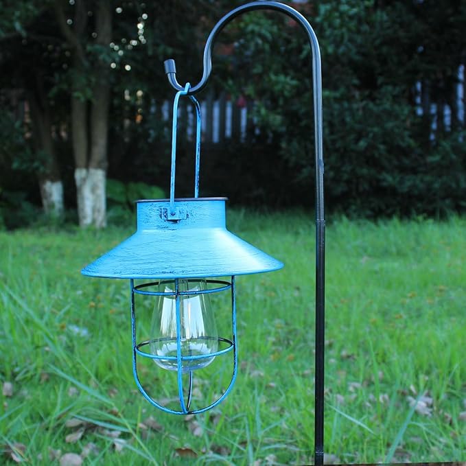 2 Pack Hanging Solar Lantern Lights with Shepherd Hook, Metal Waterproof Warm White Edison Bulb Lights for Garden Outdoor Pathway (Bule)
