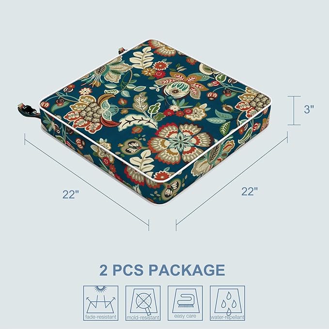 LVTXIII Patio Chair Cushions 22"x22"x3", Water-Repellent Outdoor Seat Cushions for Patio Furniture, Square Chair Pads with Ties for Home Garden Decoration, Set of 2, Peacock Blue