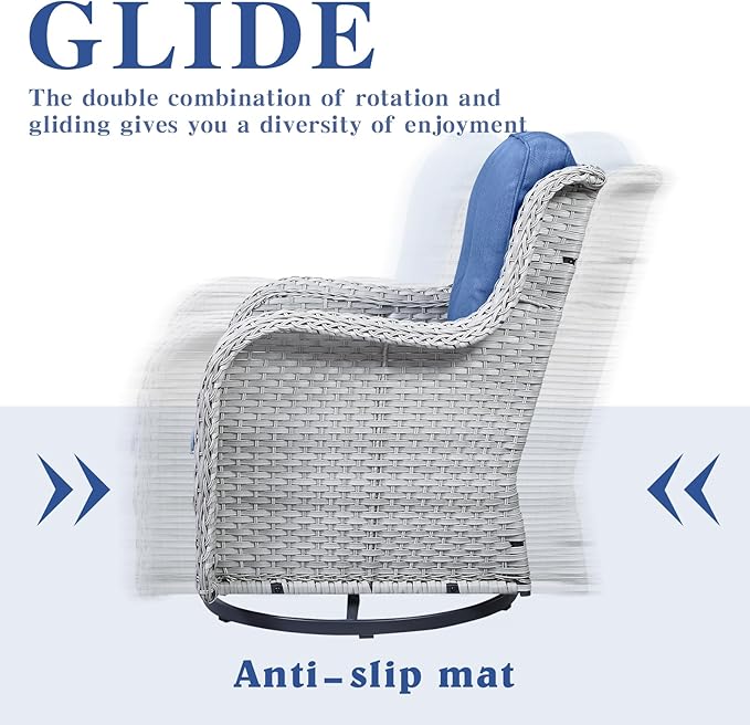 Wicker Patio Furniture Sets - 8 Piece Outdoor Rattan Furniture Conversation Sets with 4 Swivel Rocker Chairs, Rattan Sofa, Wicker Ottomans and Coffee Table, Light Grey/Blue