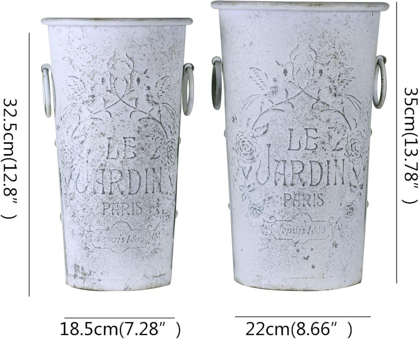 Set of 2 Distressed White Metal Flower Pots - Le Jardin Paris 14" Vintage Planters, Decorative Round Plants Buckets for Indoor/Outdoor Garden Patio Decor