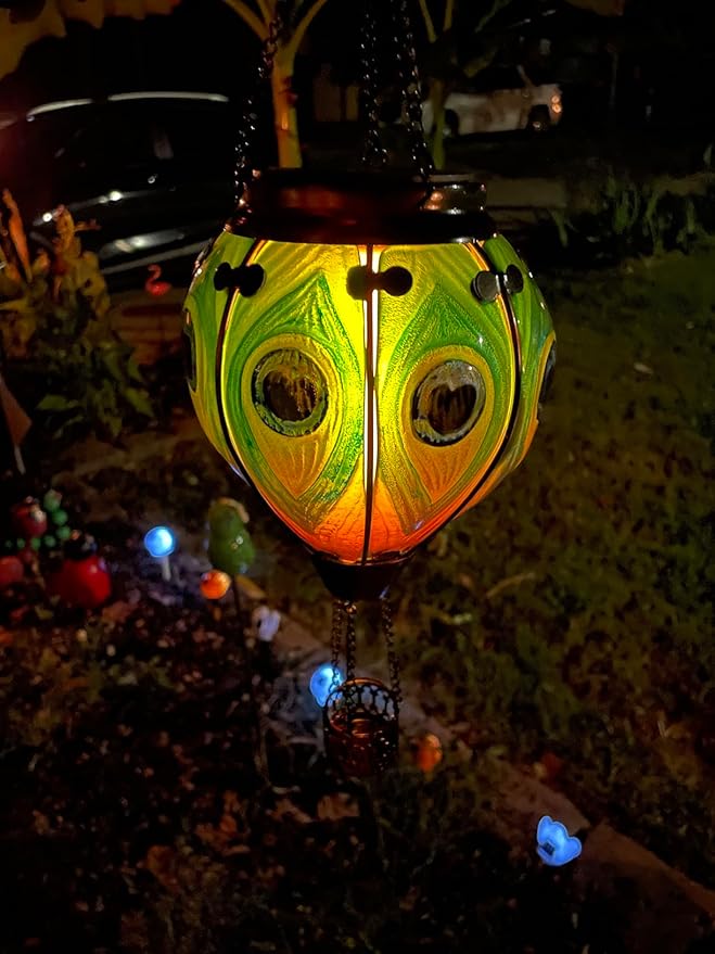 2PCS Solar Hot Air Balloon Lanterns with Flame with Shepherd's Hooks, Glass Hanging Flickering Lights Outdoor Waterproof for Garden Tree Yard Patio Mother's Day Gift, 18" H Peacock Green