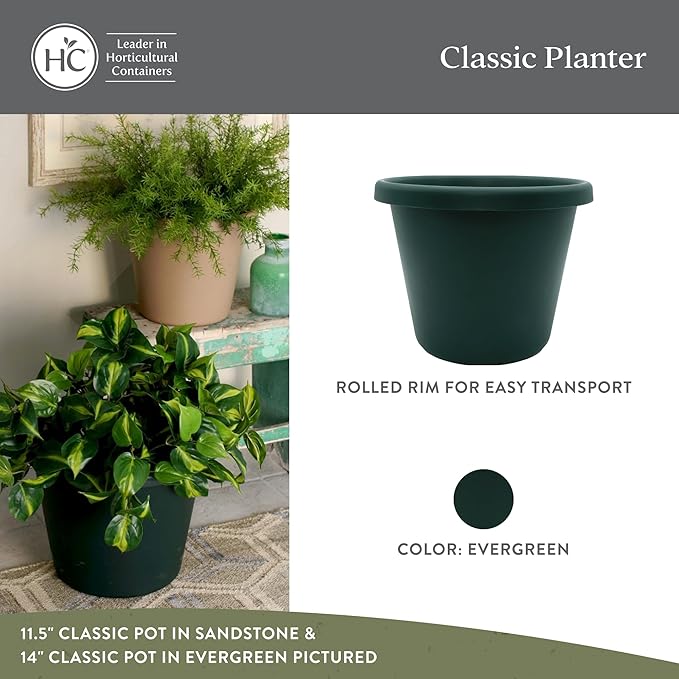 The HC Companies 15.5 inch Round Classic Planter - Plastic Plant Pot for Indoor Outdoor Plants Flowers Herbs, Evergreen (2 Pack)