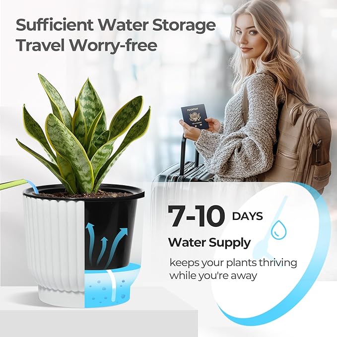 T4U 4 Inch Self Watering Pots for Indoor Plants, 6 Pack White Plastic Flower Pots for All House Plants, Flowers, African Violets