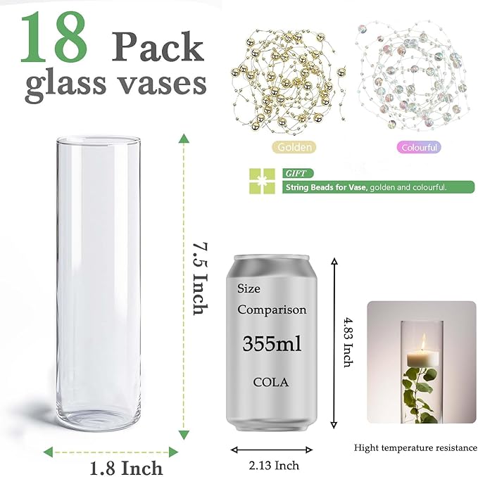 18pcs Glass Vase Cylinder Vases for Centerpieces Small Flower Glass Clear Vases Home Decor Centerpiece Table Flower Vase Decorations for Office Beautification&Holiday 7.5 Inch Tall